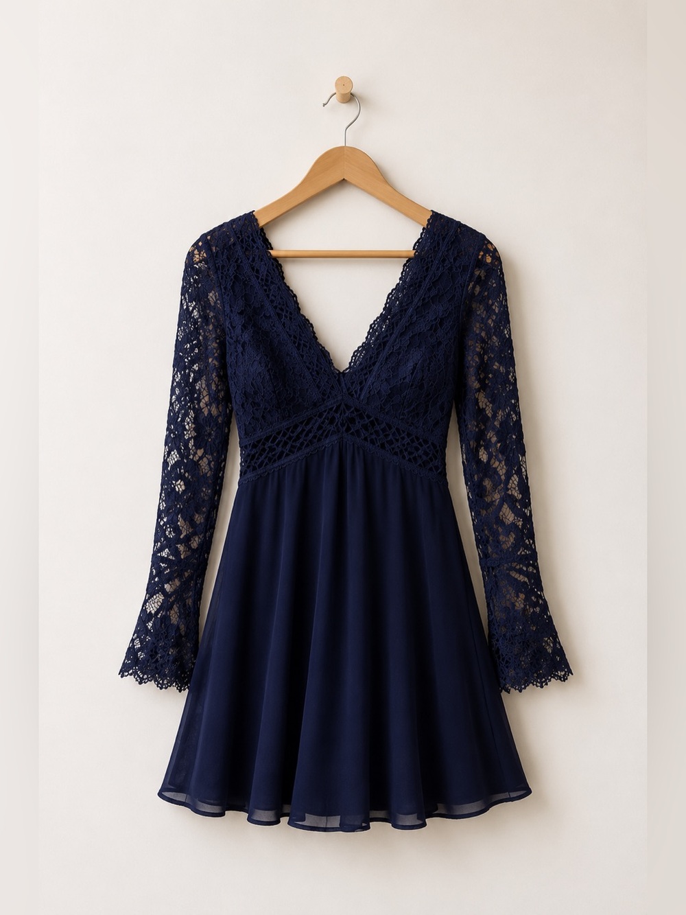 Altar'd State Navy Blue Tularosa Lace/chiffon Long Sleeve Dress, Size S Babydoll